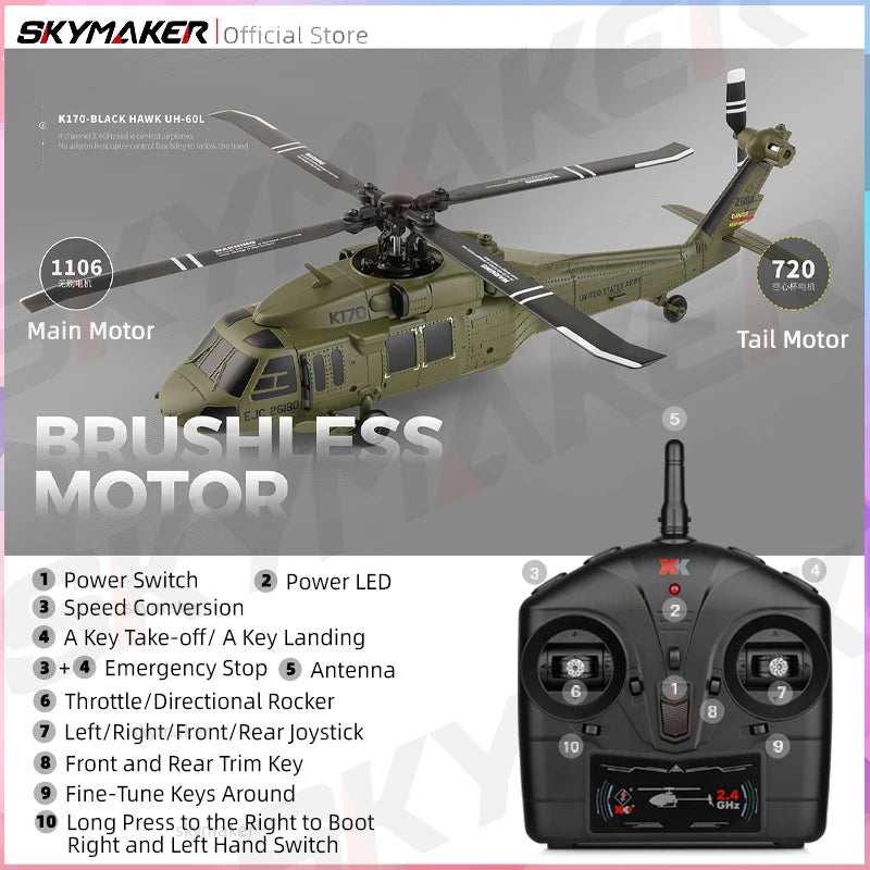 WLtoys RC Helicopters Brushless Motor k170 UH-60L 2.4Ghz 4CH 6-Aixs Gyroscope Single Blade Propellor Gyro Rc Toys for Children