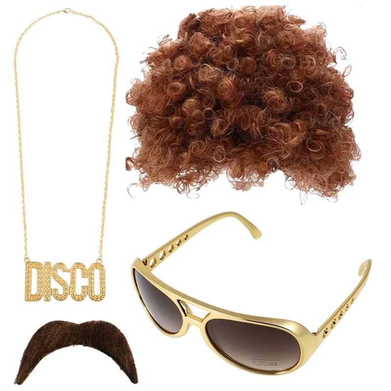 Halloween Party Hip Hop Disco Costume Funky Afro Wig Sunglasses Mustache Stick Letter Peace Sign Necklace for 90s Theme Party