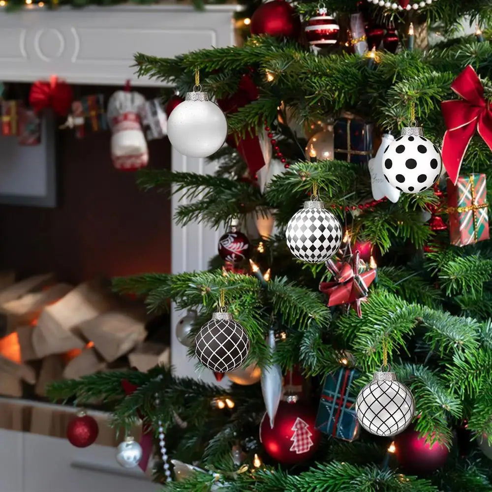 12pcs 8cm Christmas Balls Ornaments Funny Wooden Shatterproof Christmas Tree Decorations black white ball Christmas Decor