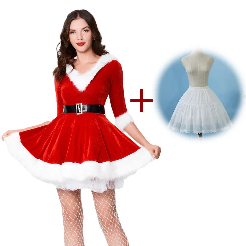 New Fashion Women Half Sleeve Solid Popular Ladies Santa Claus Xmas Theme Costume Cosplay Outfit Waistbelt Fancy Christmas Dress