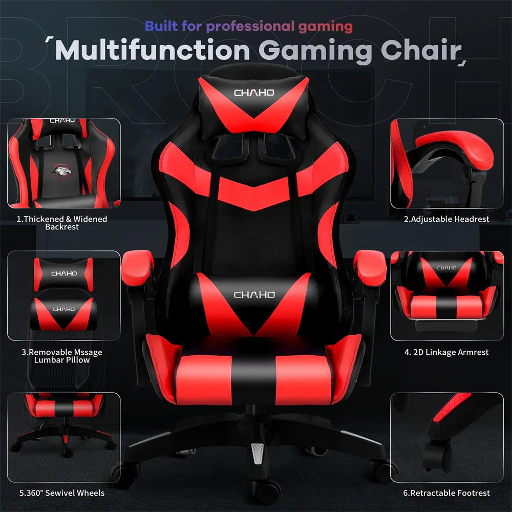 Ergonomic Gaming Chair, Gaming Chair with Speaker & LED Lights, Computer Racing Chair for Adults, PU Leather Office Chair, Red