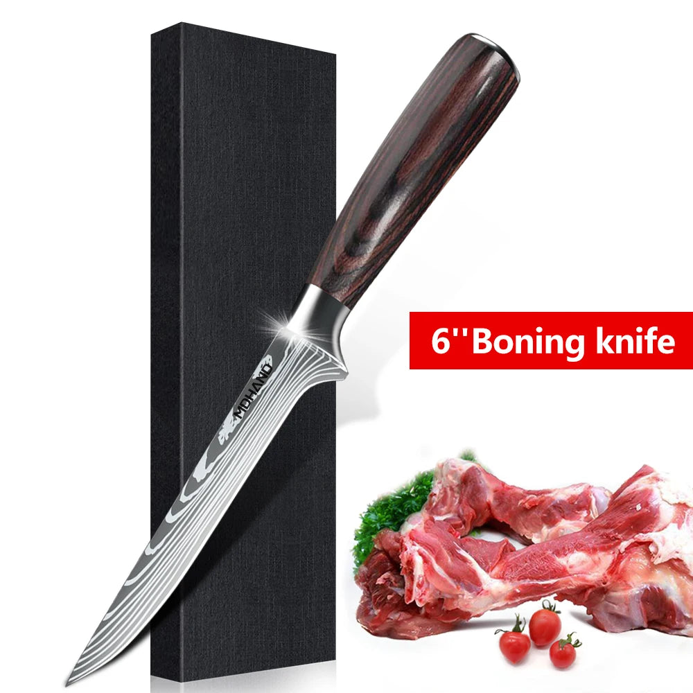MDHAND 1-10PCS Chef knife Japanese Kitchen Knives Set Professional Laser Damascus Pattern Stainless Steel Cleaver Slicer Knife