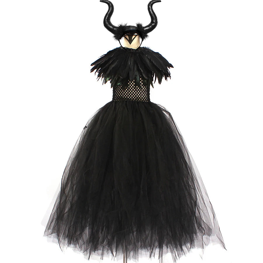 Carnival Costume Maleficent Tutu Girls Cosplay Evil Queen Black Mesh Princess Dress Children's Raven Wand Demonic Witch Dress