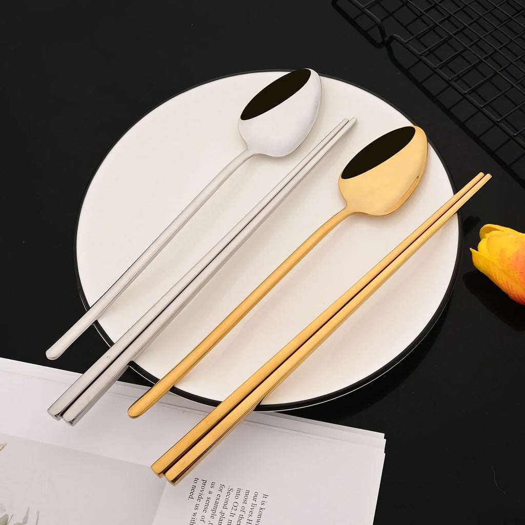 Korean 8Pcs Tableware Set High Quality Stainless Steel Dinner Set Black Gold Luxury Dinnerware Spoon Chopsticks Cutlery Set