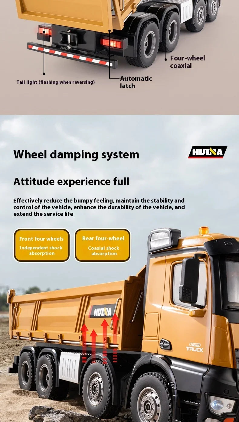 Huina 1536 1/14 Semi Alloy Transport Eight Wheeled Dump Truck With Sound And Light Remote Control Engineering Vehicle Toy Gift
