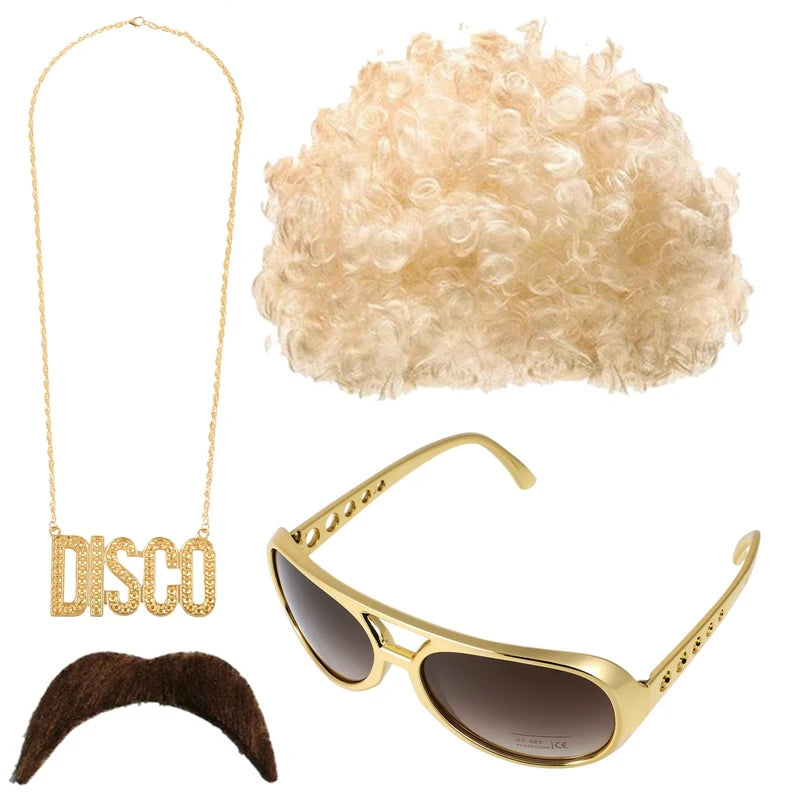 Halloween Party Hip Hop Disco Costume Funky Afro Wig Sunglasses Mustache Stick Letter Peace Sign Necklace for 90s Theme Party