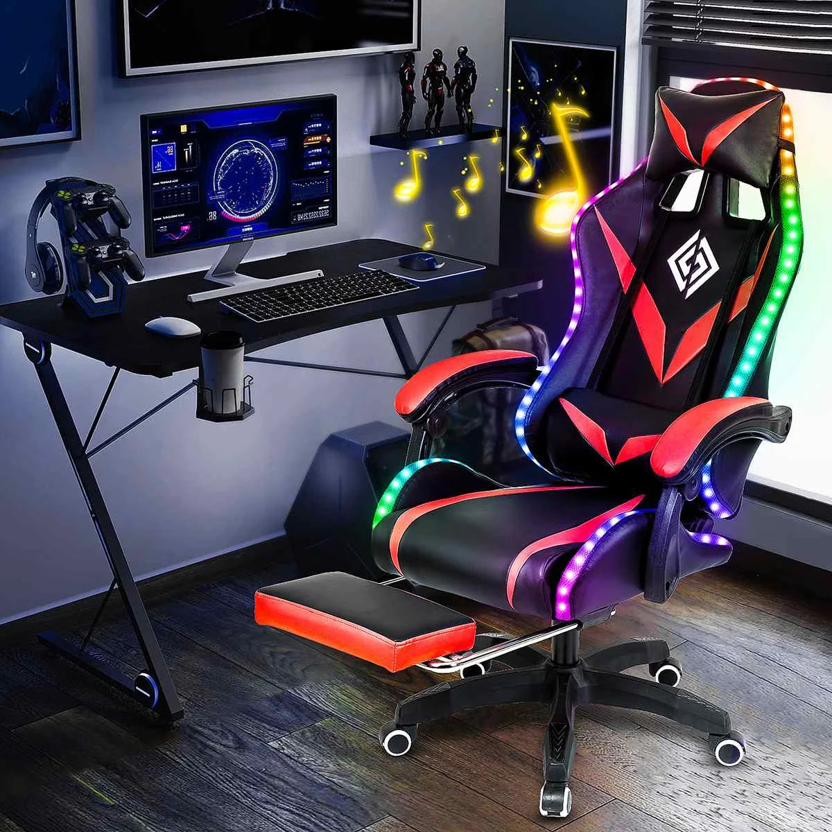 135 Degrees Gaming Chair RGB Light Office Chair Bluetooth Speaker Gamer Computer Chair Ergonomic Swivel 2 Point Massage Recliner