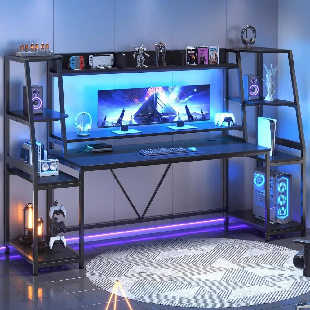 Gaming Desk 78.8'' with LED Lights, Hutch and Storage Shelves, Computer Desk with Monitor Stand, Large PC Gamer Desk Workstatio