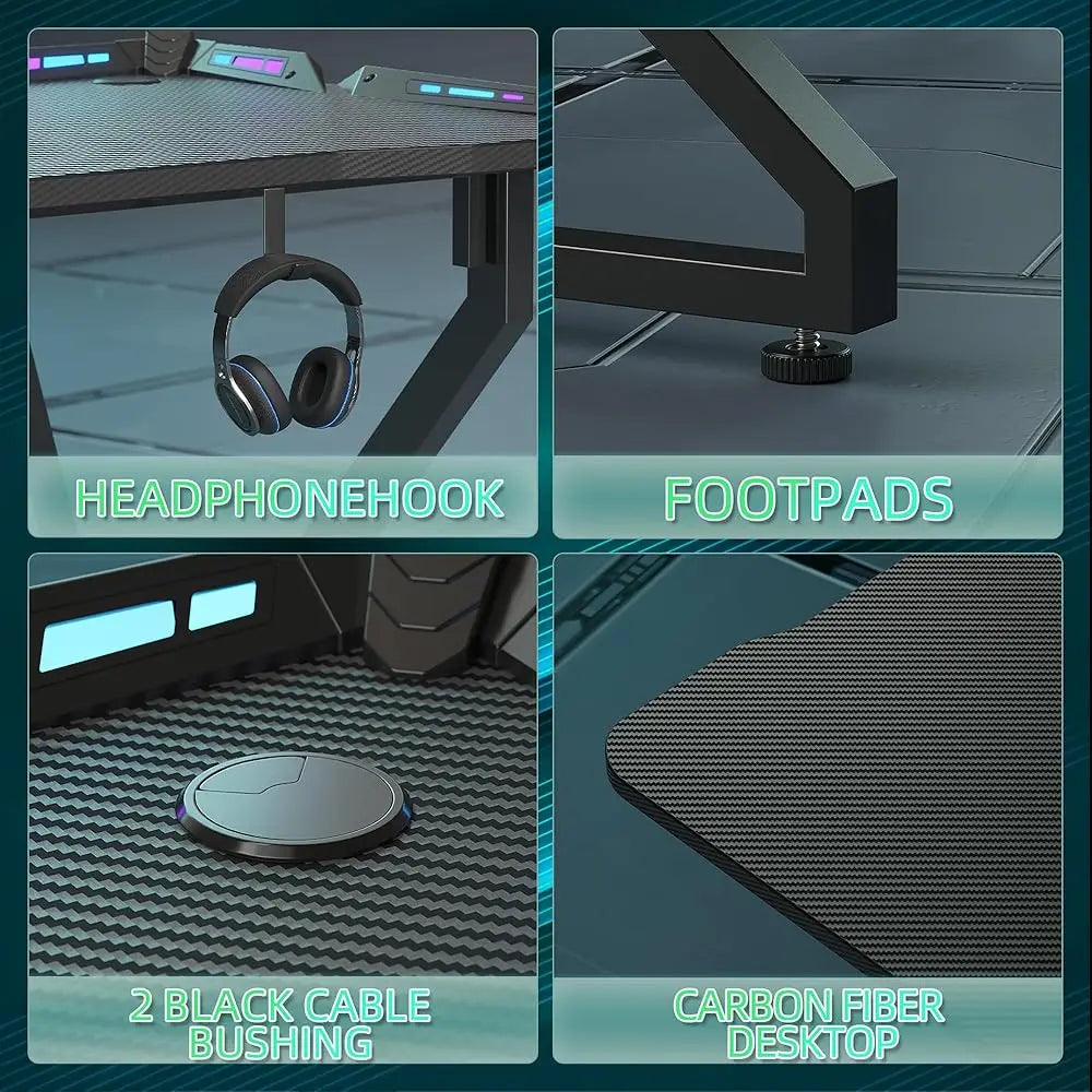 Gaming Desk With Led Lights, 40 H Computer Desk Z Shaped Gamer Workstation, Gaming Table With Carbon Fiber Surface, Pc Gamer