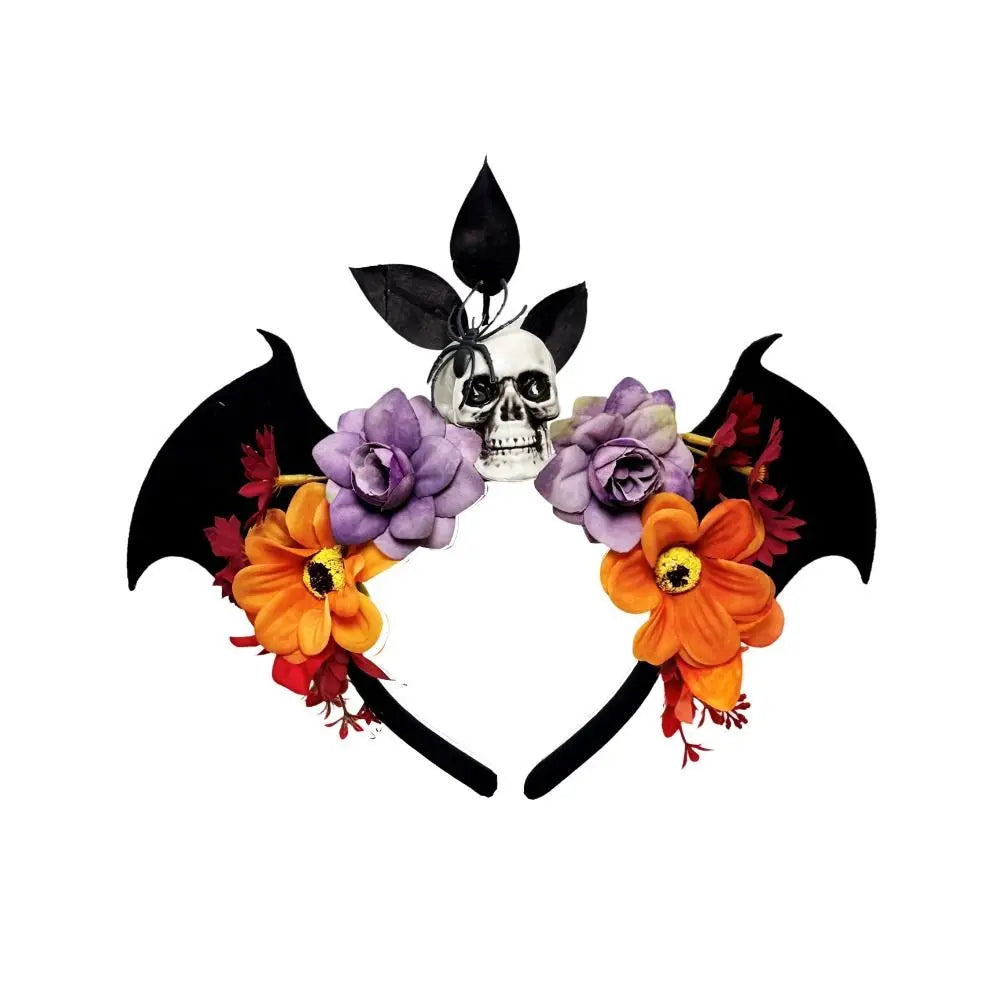 Dark Skull Head Headband Halloween Decor Bat Halloween Skull Headband Simulation Flowers Gothic Day of The Dead Headband Party