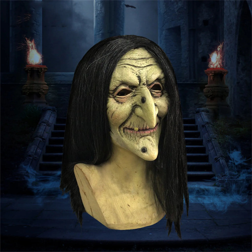 Halloween Old Witch Mask Latex Material Masquerade Grandma Face Wig Party Costume Role Play Mask Ghost Adult Horror Mask