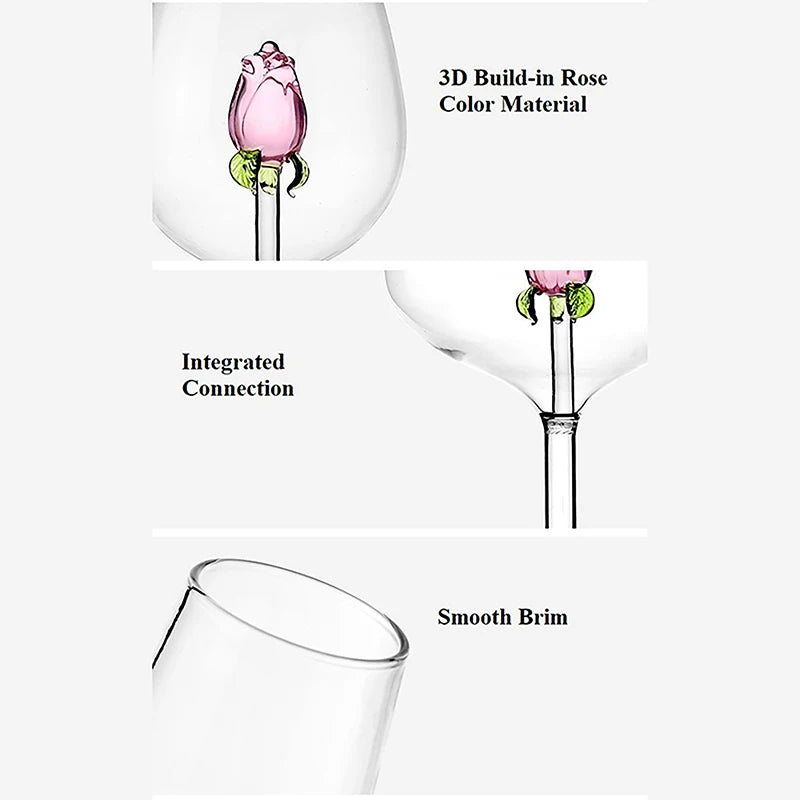 Creative 3D Pink Glass Rose Build-In Red White Wine Glasses Cup Drinkware Goblet Champagne Flute Household Lovely Valentine Gift