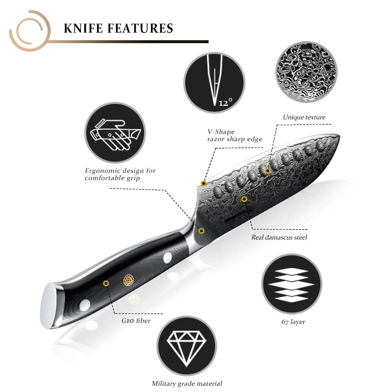 Santoku Knife 5 Inch AUS-10 Japanese Damascus Steel Kitchen Knife 67 Layers High Carbon Stainless Steel Chef Cooking Tools Sharp