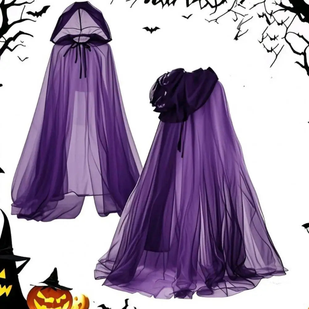 Halloween Ghost Cosplay Costume Cloak Adult Hooded Lace-up Witch Cloak Costume Full-Length Sheer Cape with Oversized Hood
