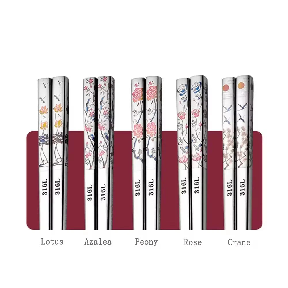 Traditional Chinese Style Color Printed Titanium-plated 316L Stainless Steel Chopsticks Non-Slip Anti-Mold Household Tableware