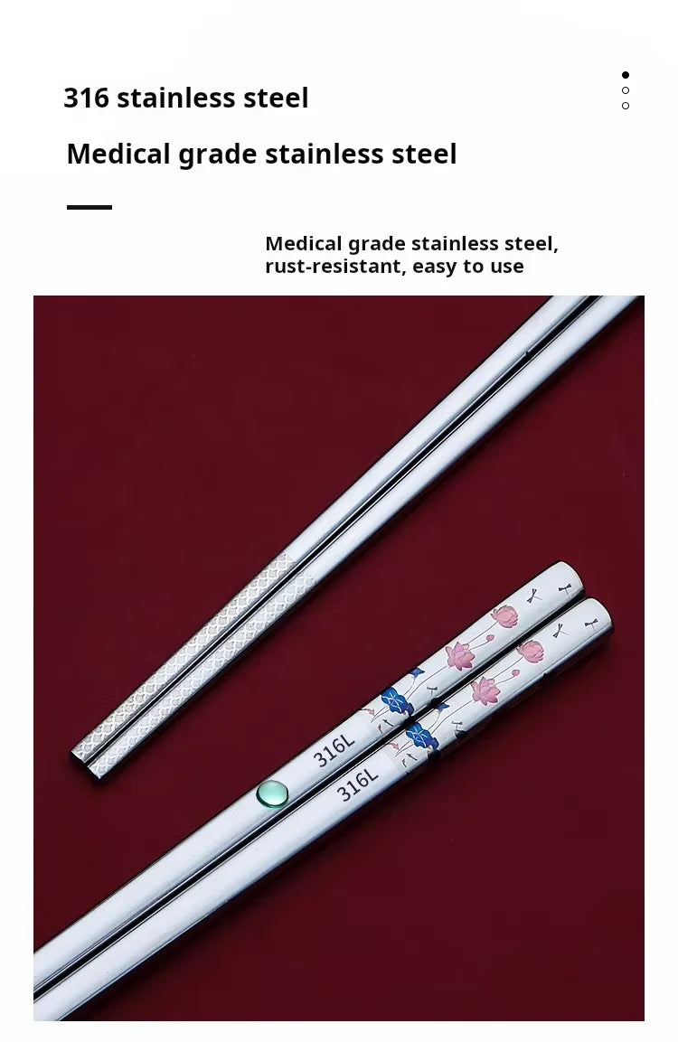 Traditional Chinese Style Color Printed Titanium-plated 316L Stainless Steel Chopsticks Non-Slip Anti-Mold Household Tableware