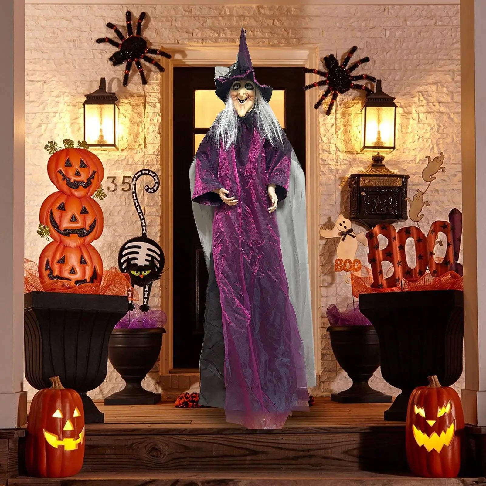 Halloween Sound Activated Light-up Witch Hanging Ghost Scary Props for Haunted House Bar Secret Room Outdoor Yard Garden Party