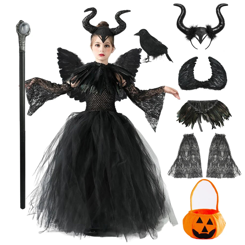 Carnival Costume Maleficent Tutu Girls Cosplay Evil Queen Black Mesh Princess Dress Children's Raven Wand Demonic Witch Dress