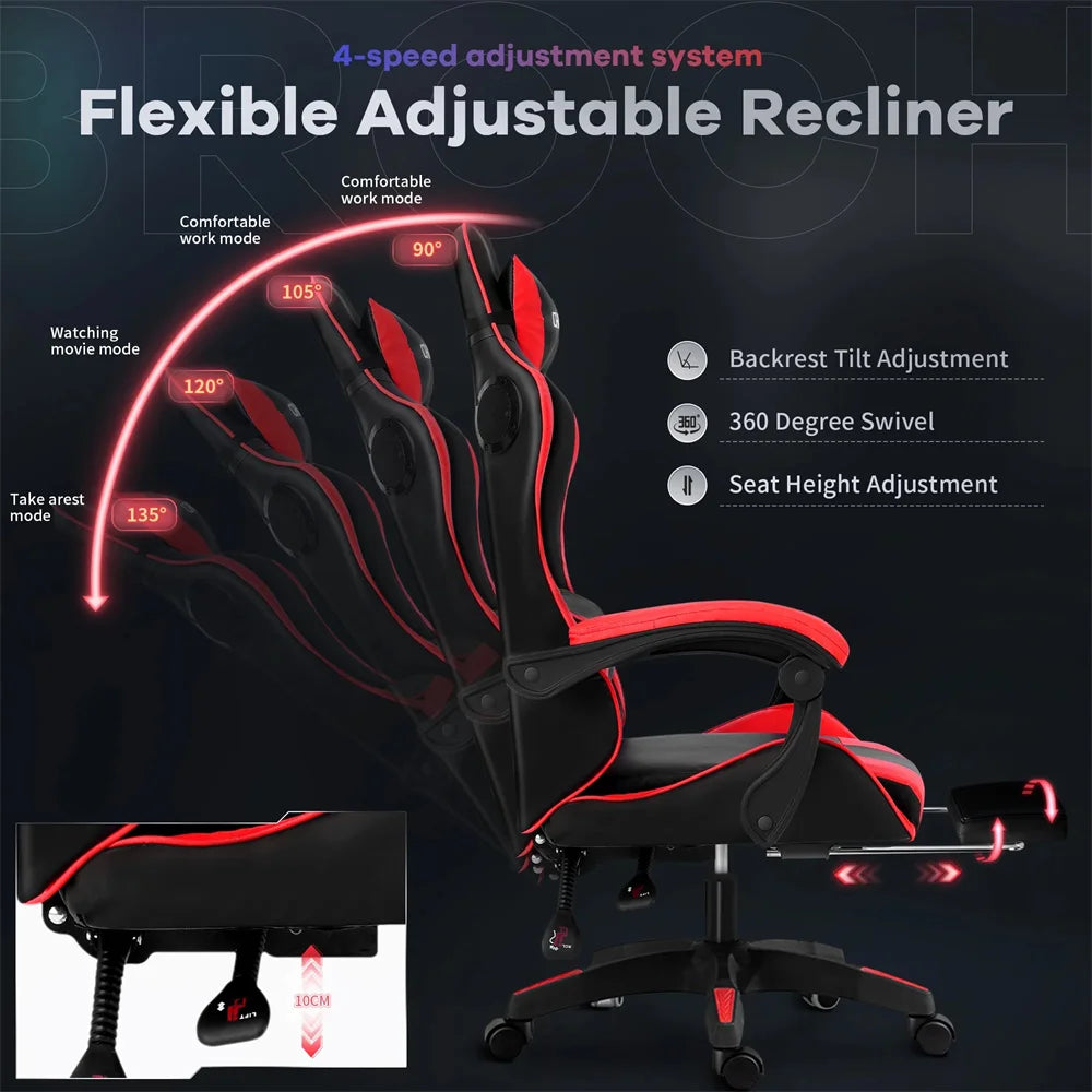 Ergonomic Gaming Chair, Gaming Chair with Speaker & LED Lights, Computer Racing Chair for Adults, PU Leather Office Chair, Red