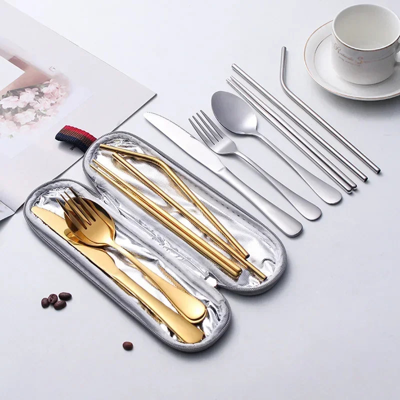 8 Pieces Cutlery Set, Stainless Steel Western Tableware, Classic Dinner Set, Knife, Fork, Straw, Restaurant Dining Dinnerware