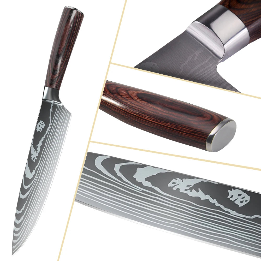 MDHAND 1-10PCS Chef knife Japanese Kitchen Knives Set Professional Laser Damascus Pattern Stainless Steel Cleaver Slicer Knife
