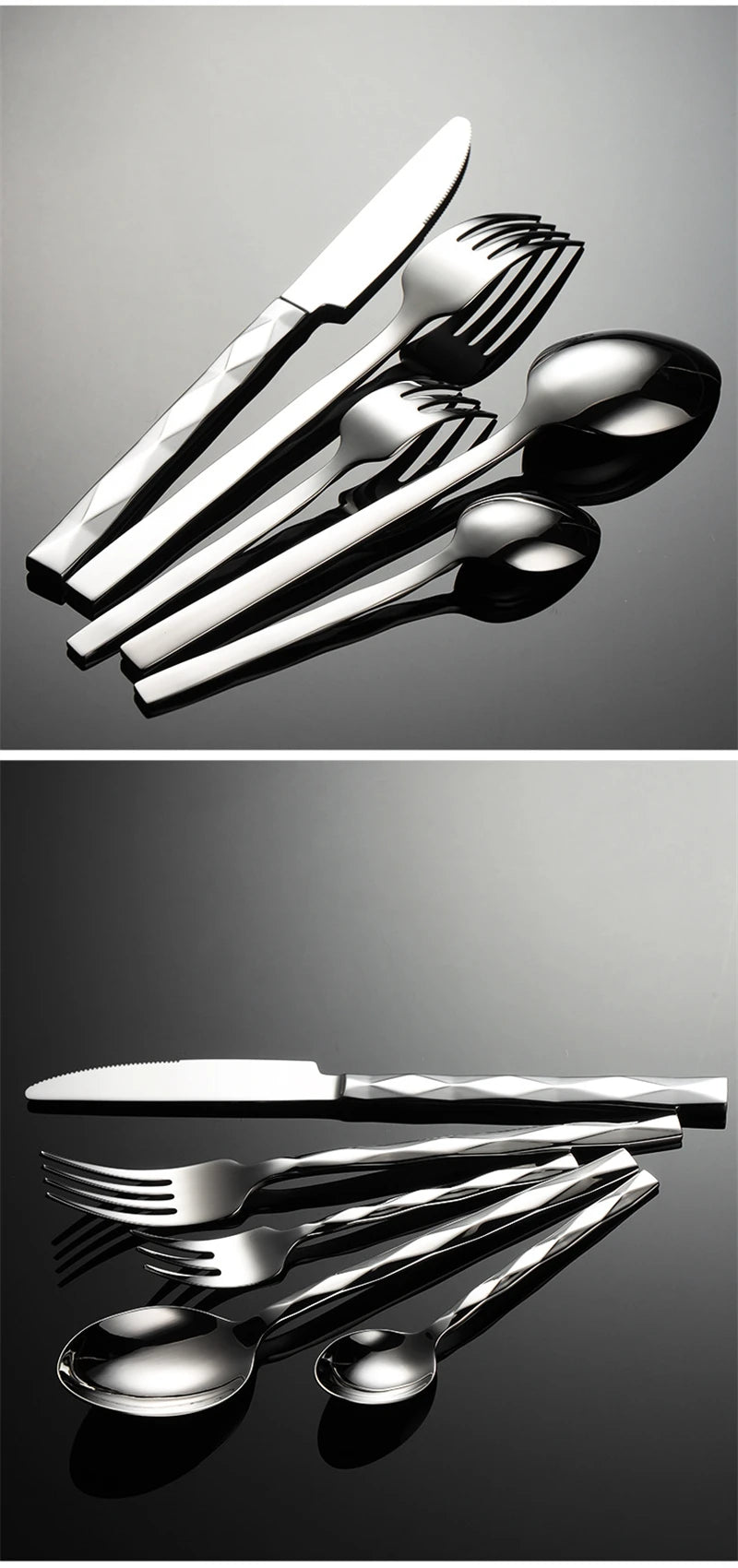 Diamond Pattern Stainless Steel Dinner Set Square Handle Cutlery Simple Fork Knife Spoon Teafork Dinning Tables Sets 2024