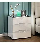 White Smart Nightstand with Wireless Charging Station & Adjustable LED Lights, High Gloss End Table with 3 Drawers & USB Chargin