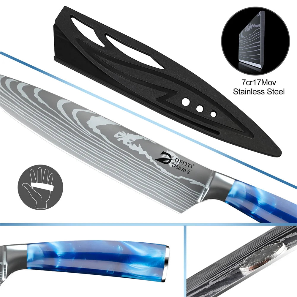 MDHAND 8pcs Kitchen Knife Damascus Stainless Steel Chef Knife Utility Paring Boning Cleaver Slicing Santoku Knives Nylon Bag