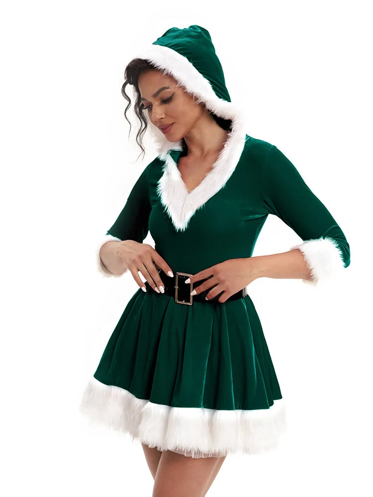 New Fashion Women Half Sleeve Solid Popular Ladies Santa Claus Xmas Theme Costume Cosplay Outfit Waistbelt Fancy Christmas Dress