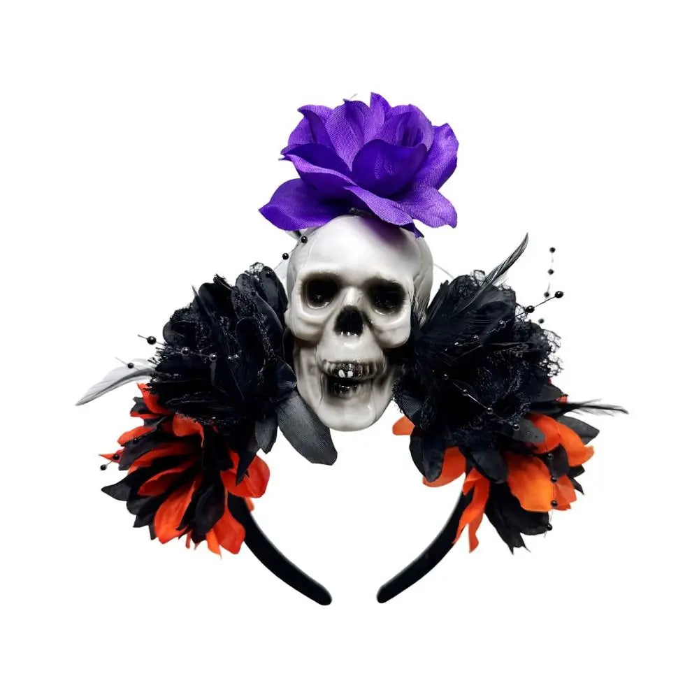 Dark Skull Head Headband Halloween Decor Bat Halloween Skull Headband Simulation Flowers Gothic Day of The Dead Headband Party