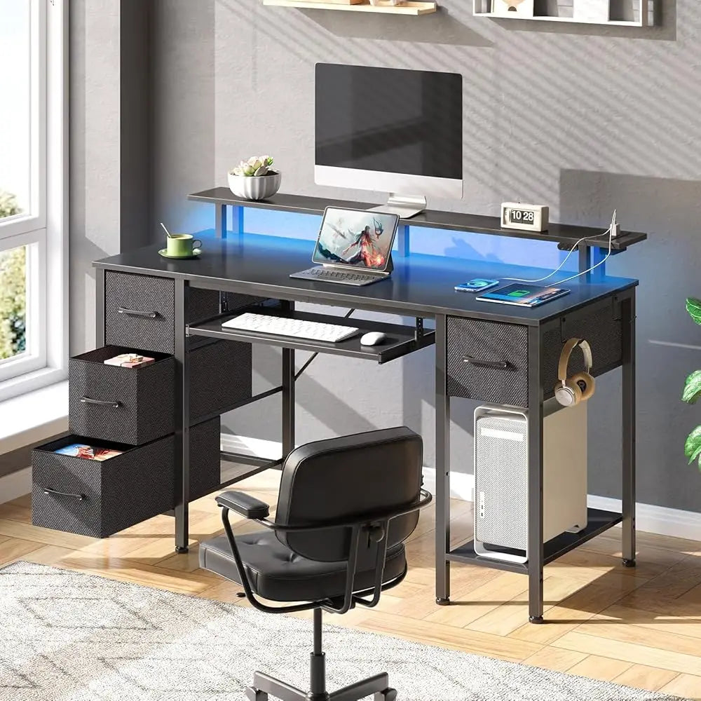 Computer Desk 47.2"" With Led Lights & Power Outlets, Home Office Desk With 4 Drawers, Writing Desk With Keyboard Tray, Study