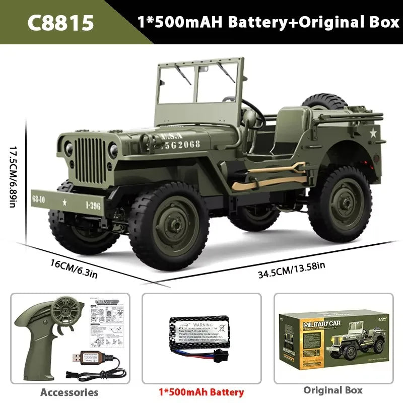 C8815 1/10 WILLYS 2.4G Rc Car 1941 4WD RTR Crawler Climbing Scale Military Truck Offroad Vehicle Adult Toys Gift For Kids