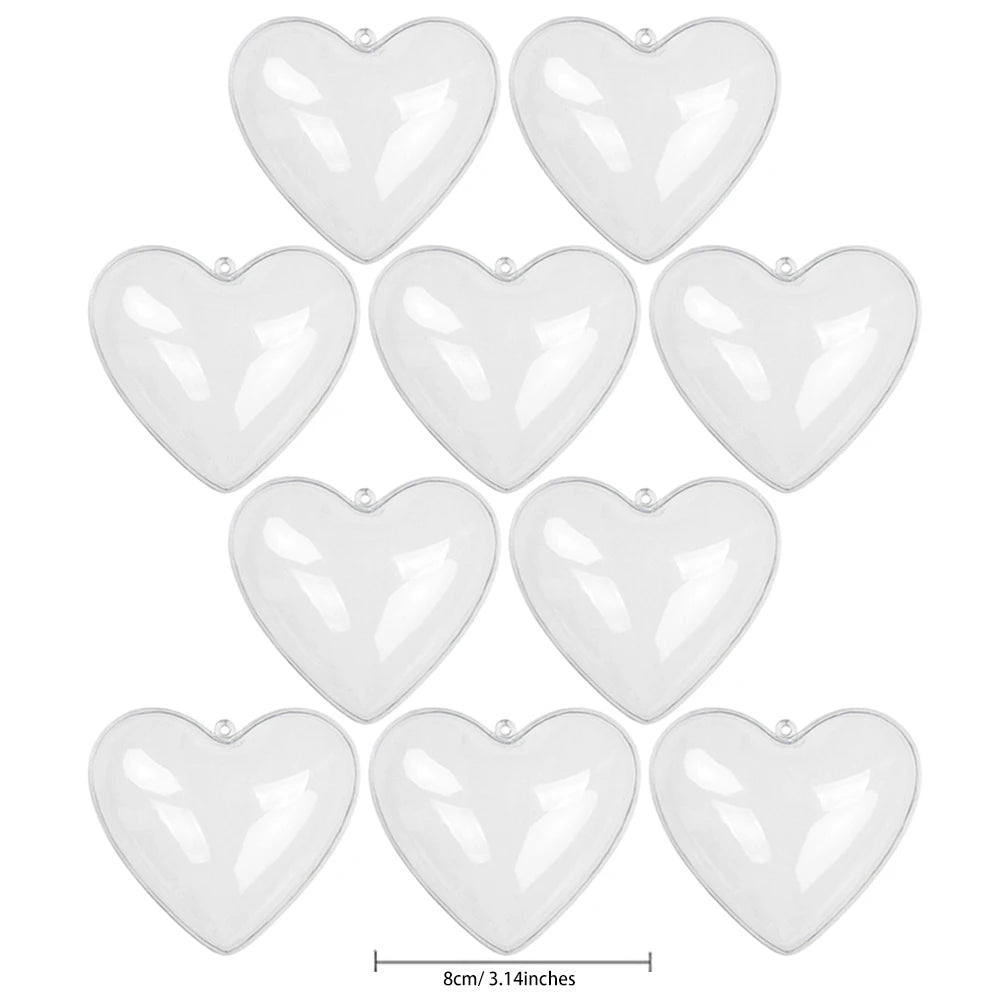 10pcs Clear Plastic Heart Ornaments Balls, Christmas Ornament Fillable Balls for DIY Crafts, Christmas Tree Decorations