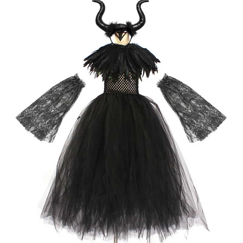 Carnival Costume Maleficent Tutu Girls Cosplay Evil Queen Black Mesh Princess Dress Children's Raven Wand Demonic Witch Dress