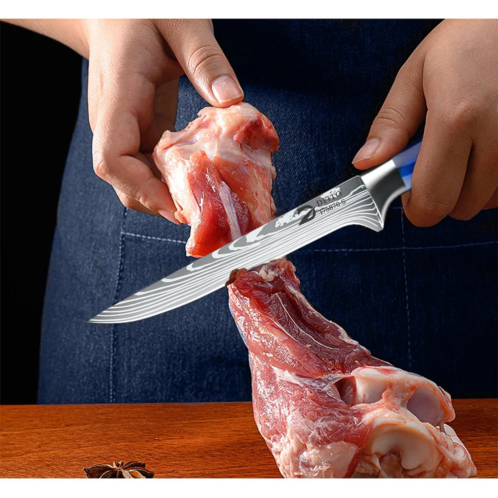 MDHAND 8pcs Kitchen Knife Damascus Stainless Steel Chef Knife Utility Paring Boning Cleaver Slicing Santoku Knives Nylon Bag