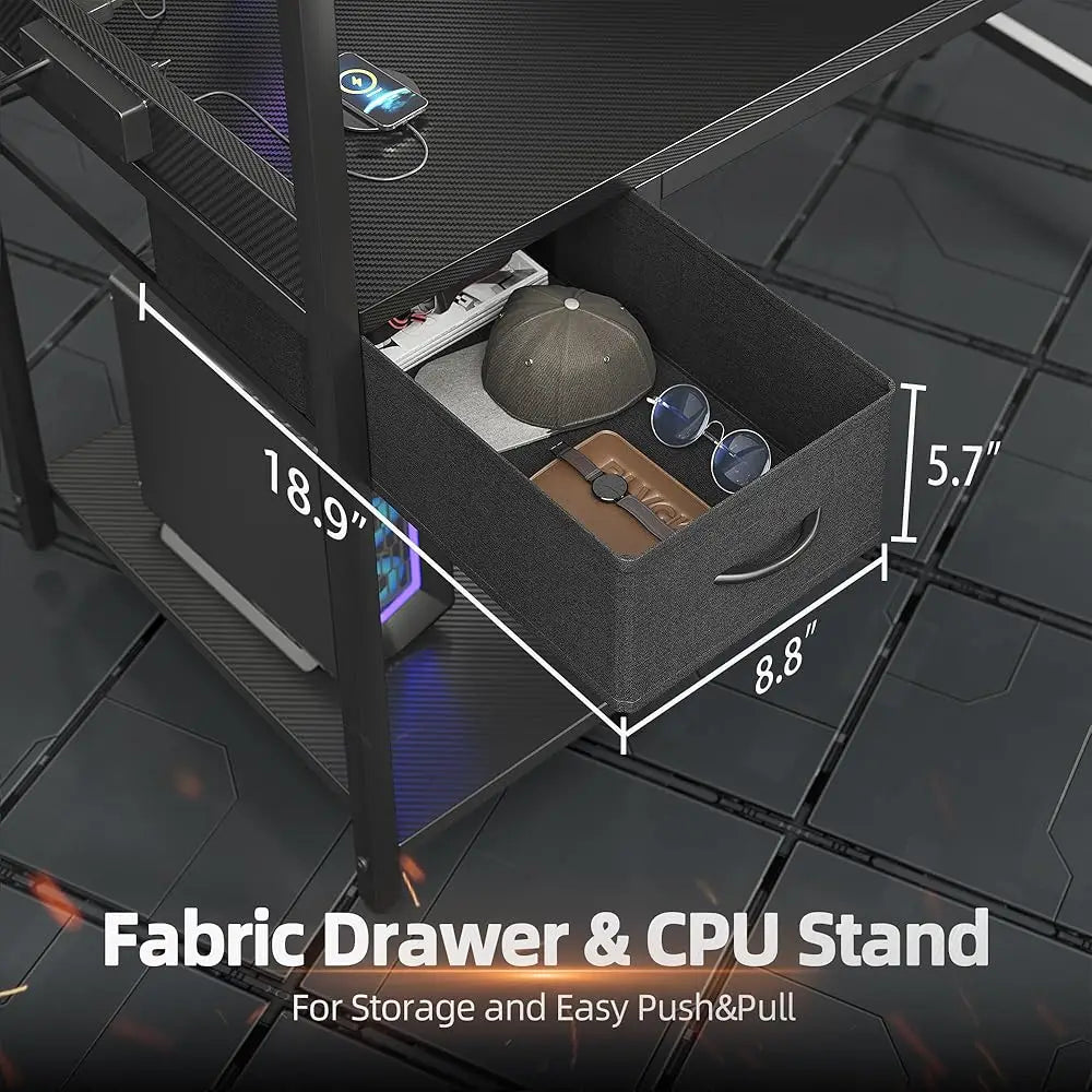 Gaming Desk 47 H With Power Outlet And Led Light, Computer Desk With Reversible Shelves And Storage Drawer, Small Pc Desk For
