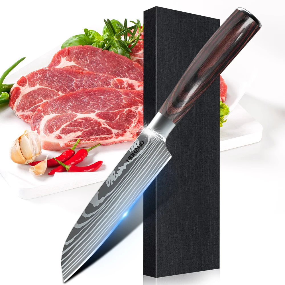 MDHAND 1-10PCS Chef knife Japanese Kitchen Knives Set Professional Laser Damascus Pattern Stainless Steel Cleaver Slicer Knife