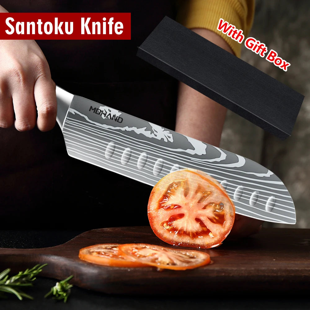 MDHAND 1-10PCS Chef knife Japanese Kitchen Knives Set Professional Laser Damascus Pattern Stainless Steel Cleaver Slicer Knife