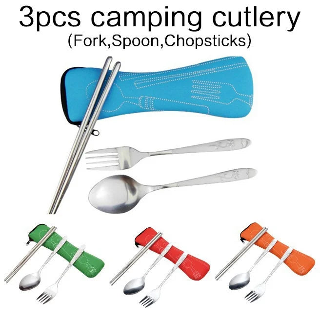 Dinnerware Portable Printed Stainless Steel Spoon Fork Chopsticks Steak Knife Set Travel Cutlery Tableware With Bag  Tableware