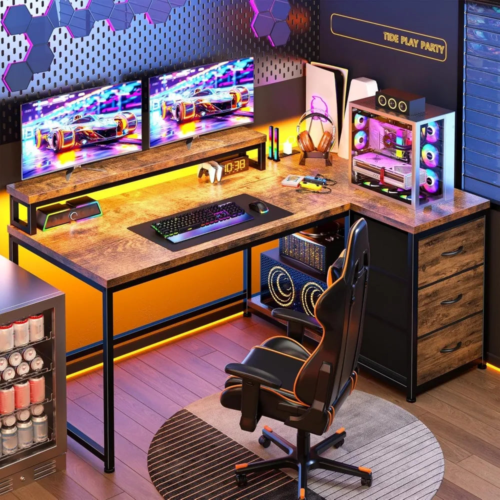 L Shaped Gaming Desk with LED Lights & Power Outlet, 48Inch Corner Computer Desk with Drawers Reversible Home Office Desks with