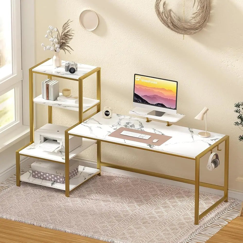 Computer Desk 67 H With Printer Shelf, Reversible Office Desk With Monitor Stand And 2 Hooks, Home Desk Workstation For Study