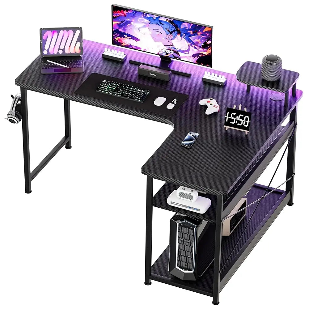Gaming Desk L Shaped Desk Carbon Fiber Style Computer Desk Compatible With Monitor Arm Storage Shelves Corner Gaming Desk For