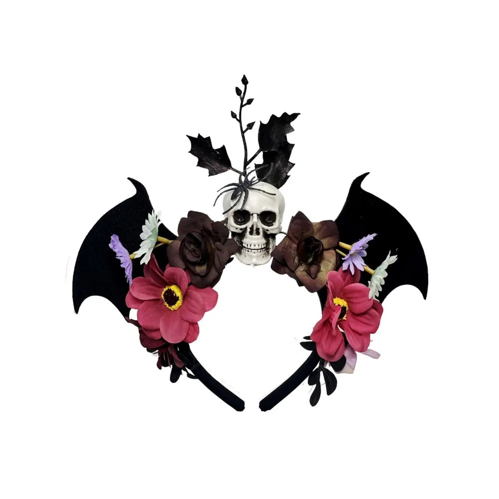 Dark Skull Head Headband Halloween Decor Bat Halloween Skull Headband Simulation Flowers Gothic Day of The Dead Headband Party