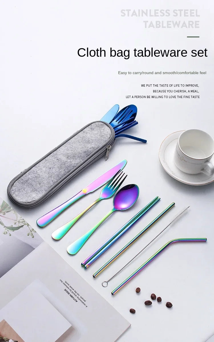 8 Pieces Cutlery Set, Stainless Steel Western Tableware, Classic Dinner Set, Knife, Fork, Straw, Restaurant Dining Dinnerware