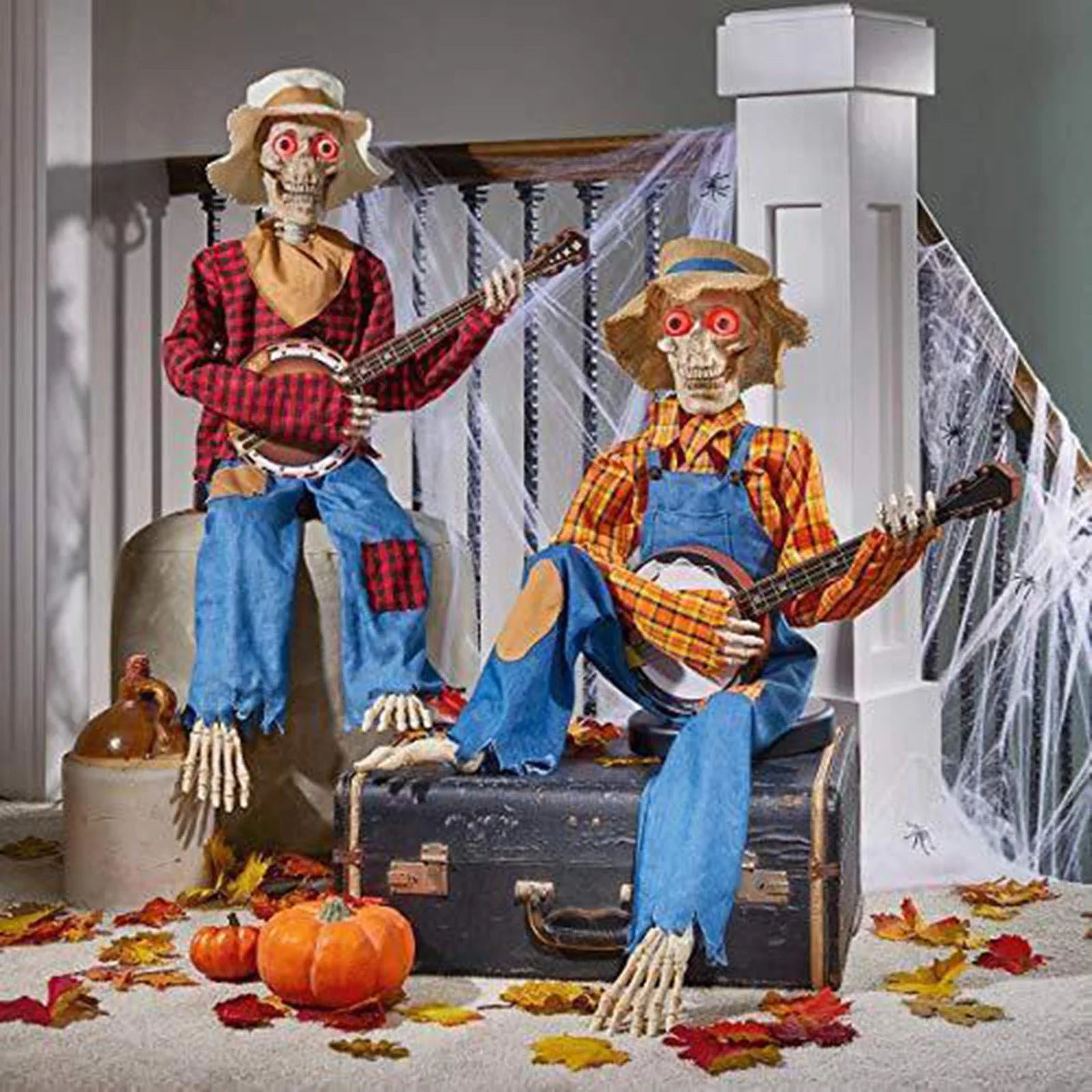 Halloween Fun Skull Playing Guitar Luminous Ornament Room Decor Farmhouse Skeleton Sculpture Christmas Decoration Gift 2024