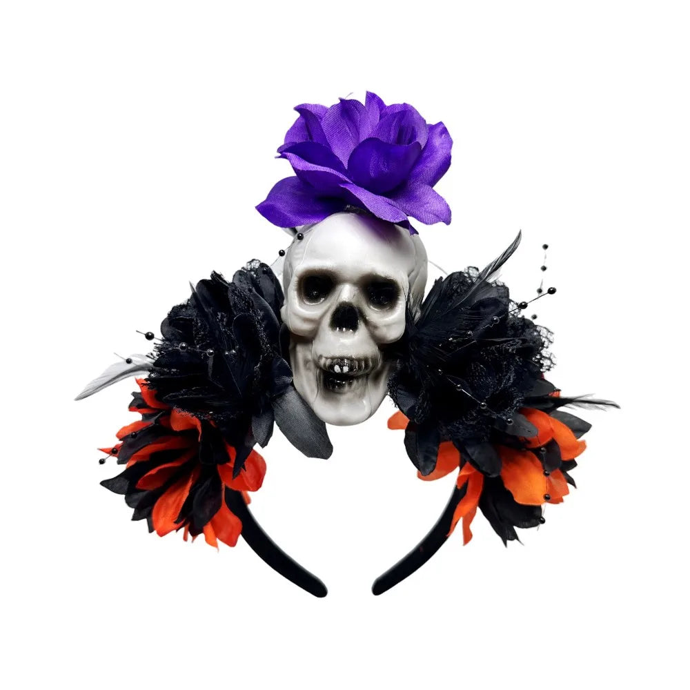 Dark Skull Head Headband Halloween Decor Bat Halloween Skull Headband Simulation Flowers Gothic Day of The Dead Headband Party