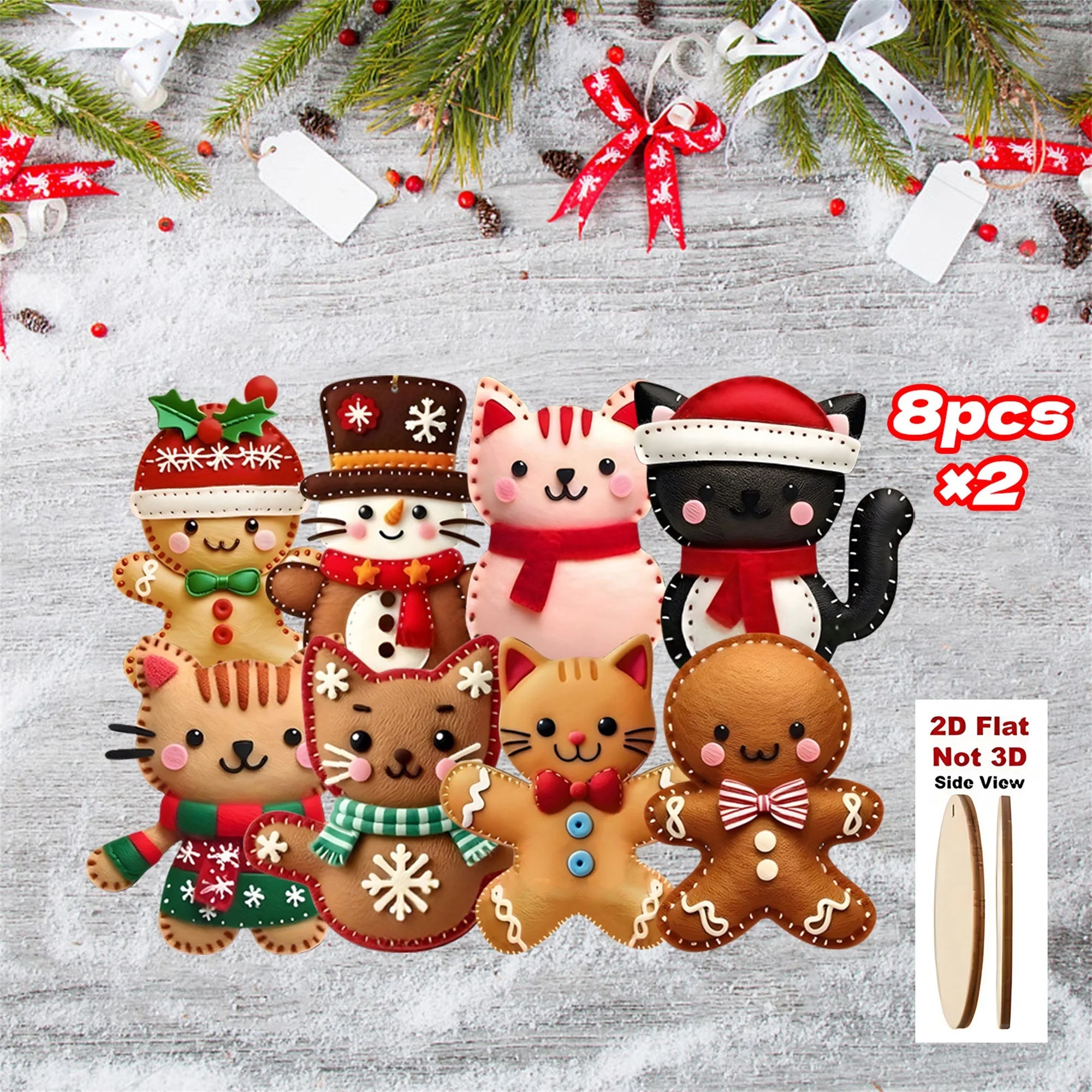Wooden Christmas Cat Ornaments - Festive 2D Flat Hanging Decorations for Home Office and Holiday Celebrations - Set of 6