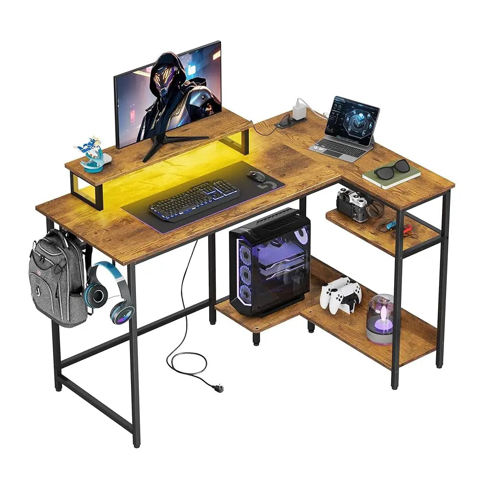 Gaming L Shaped Desk With Power Outlets & Led Lights, 47Inch Computer Desk With Monitor Stand & Hook, Corner Home Office