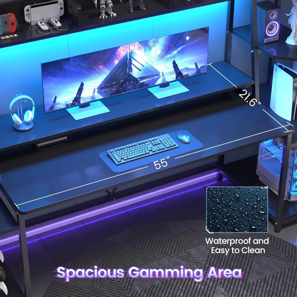 Gaming Desk 78.8'' with LED Lights, Hutch and Storage Shelves, Computer Desk with Monitor Stand, Large PC Gamer Desk Workstatio