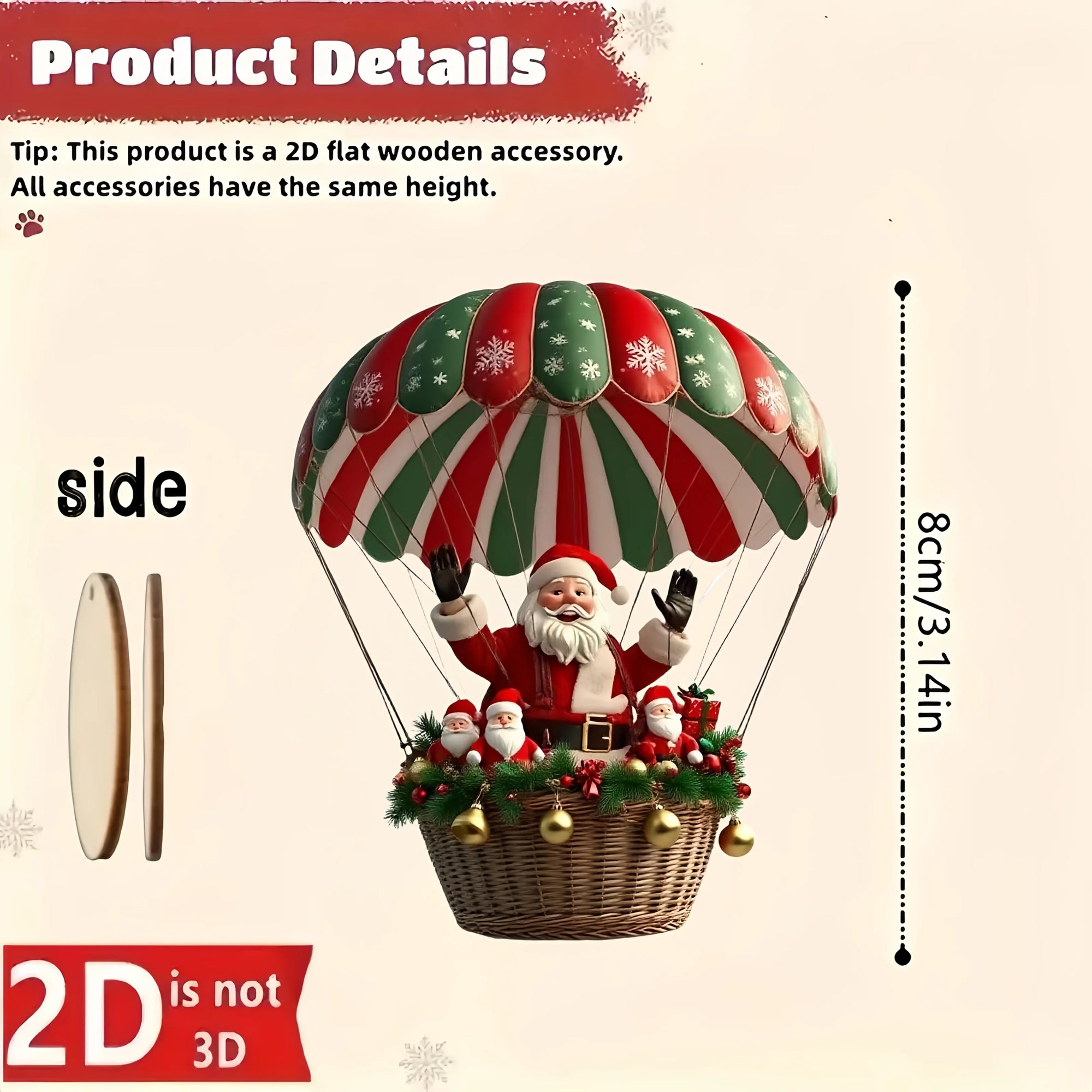 12Pcs Christmas Wooden Hot Air Balloon Santa Claus 2D Flat Wooden Pendant Christmas Tree Decoration Perfect Holiday Gift Decor